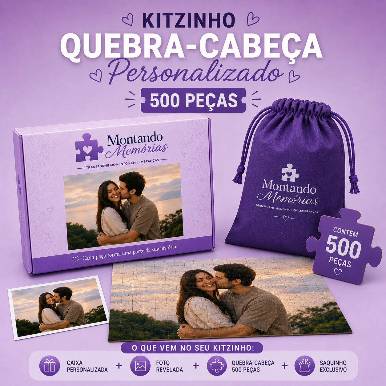 Kit Montando Memórias com caixa, quebra-cabeça e saquinho